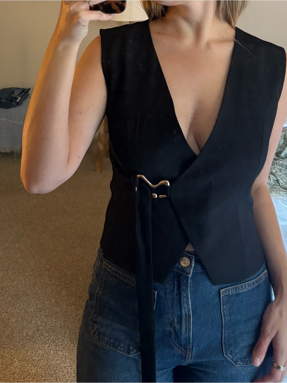 Peppermayo Black Sleeveless Wrap Vest with Gold Buckle